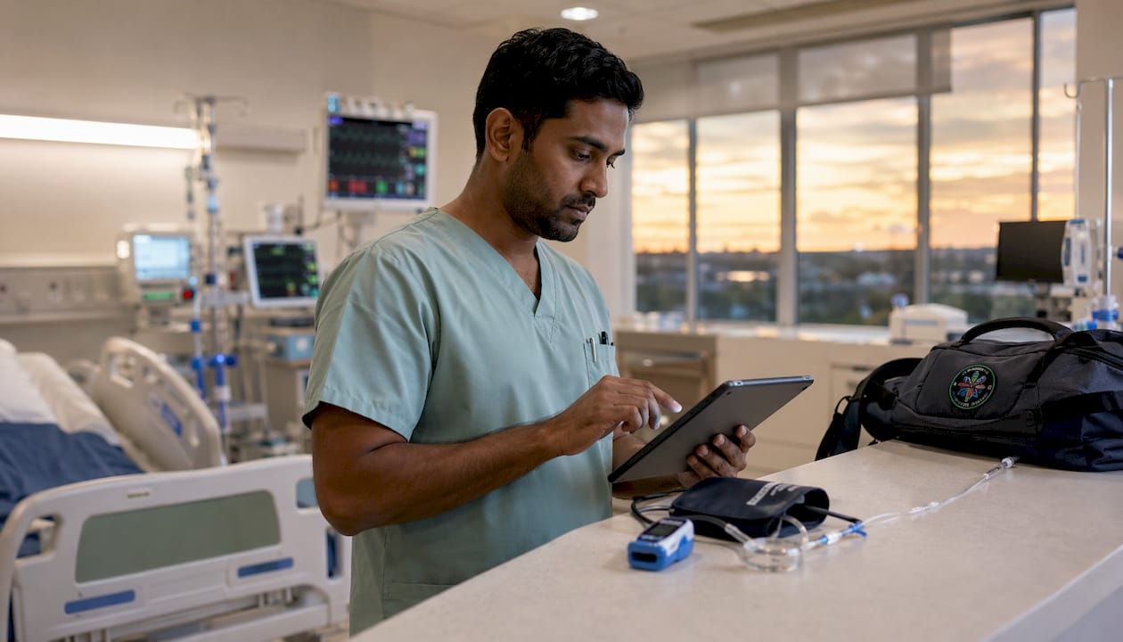 ICU nurse documenting assessment at workstation