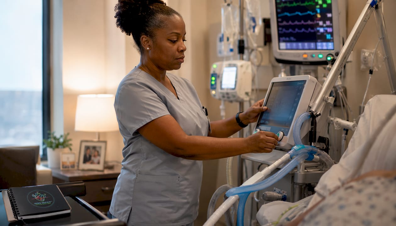 Nurse adjusting ventilator in ICU setting