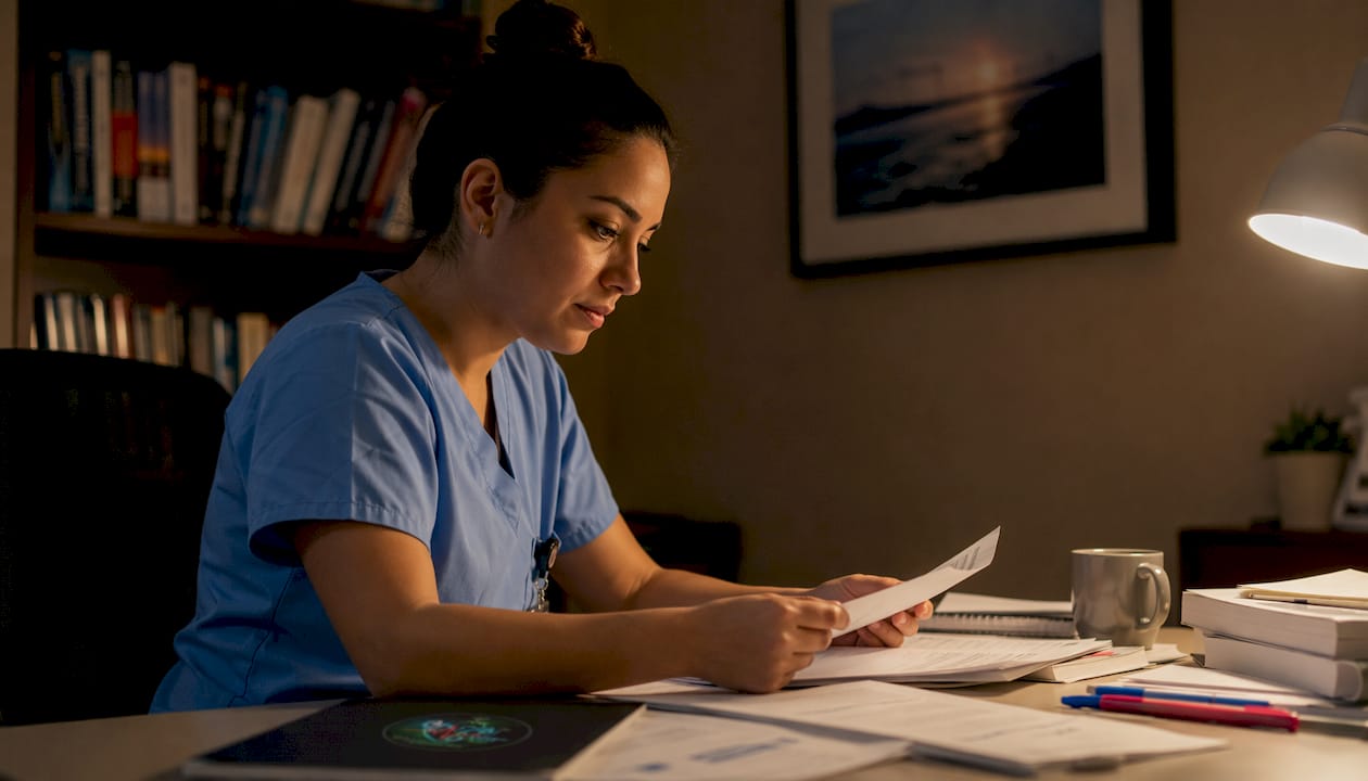 Nurse reviewing academic advising notes in ICU office