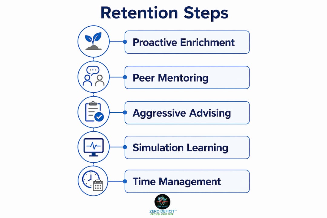 Infographic illustrating five key retention strategies in nursing education