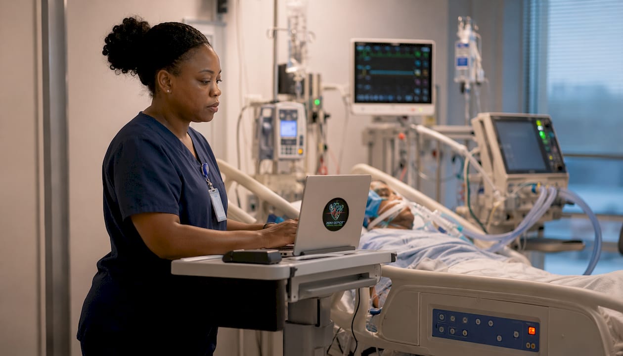 Nurse charting at ICU bedside station