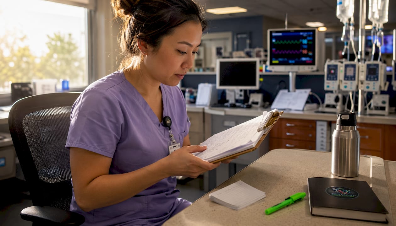 ICU nurse reviewing practice exam at workstation