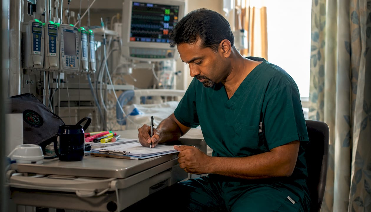 Nurse documenting transfusion reaction in ICU