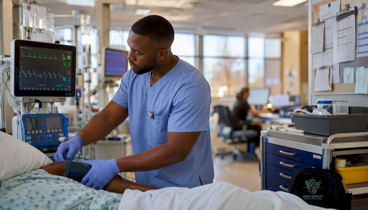 Close-up of ICU monitor and nurse's hand holding syringe