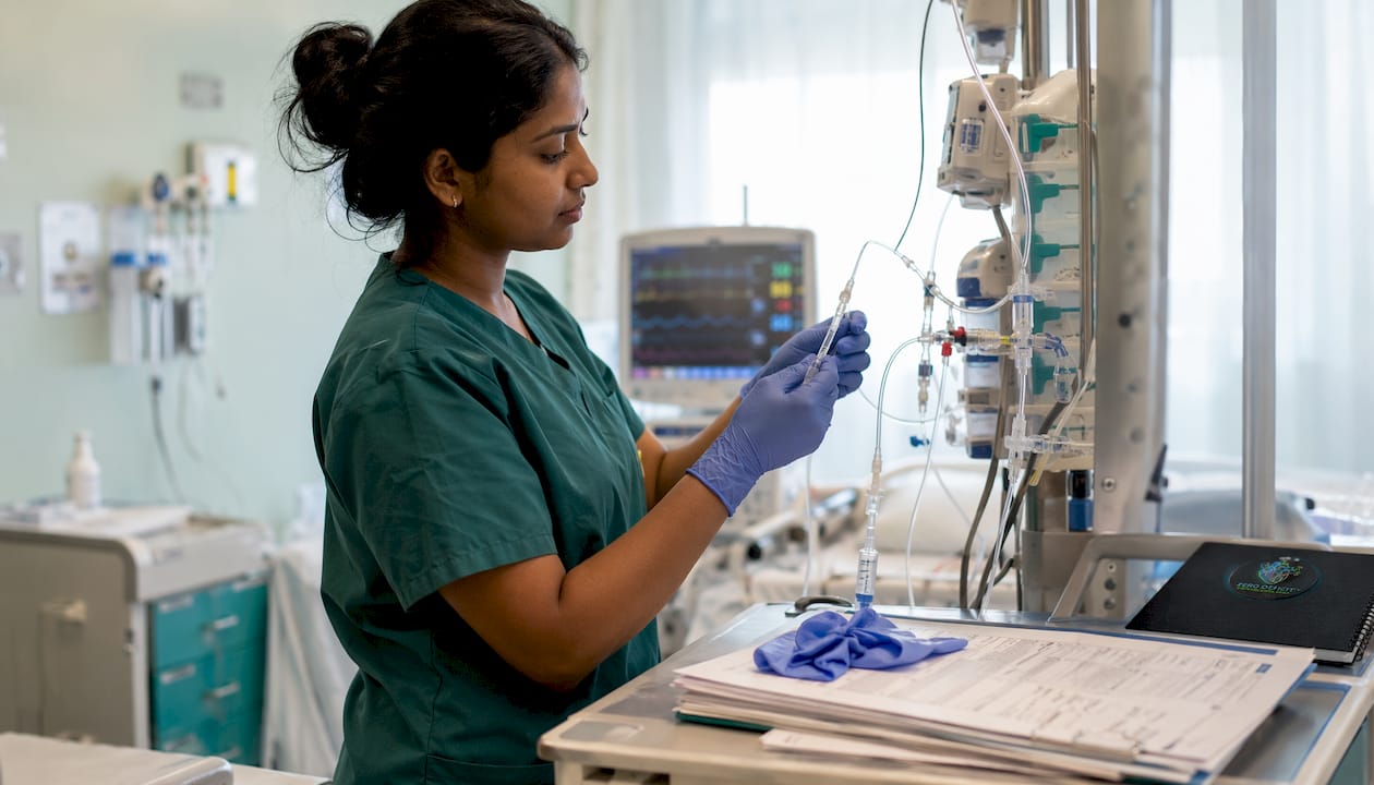 Nurse adjusting cardiac output catheter at bedside