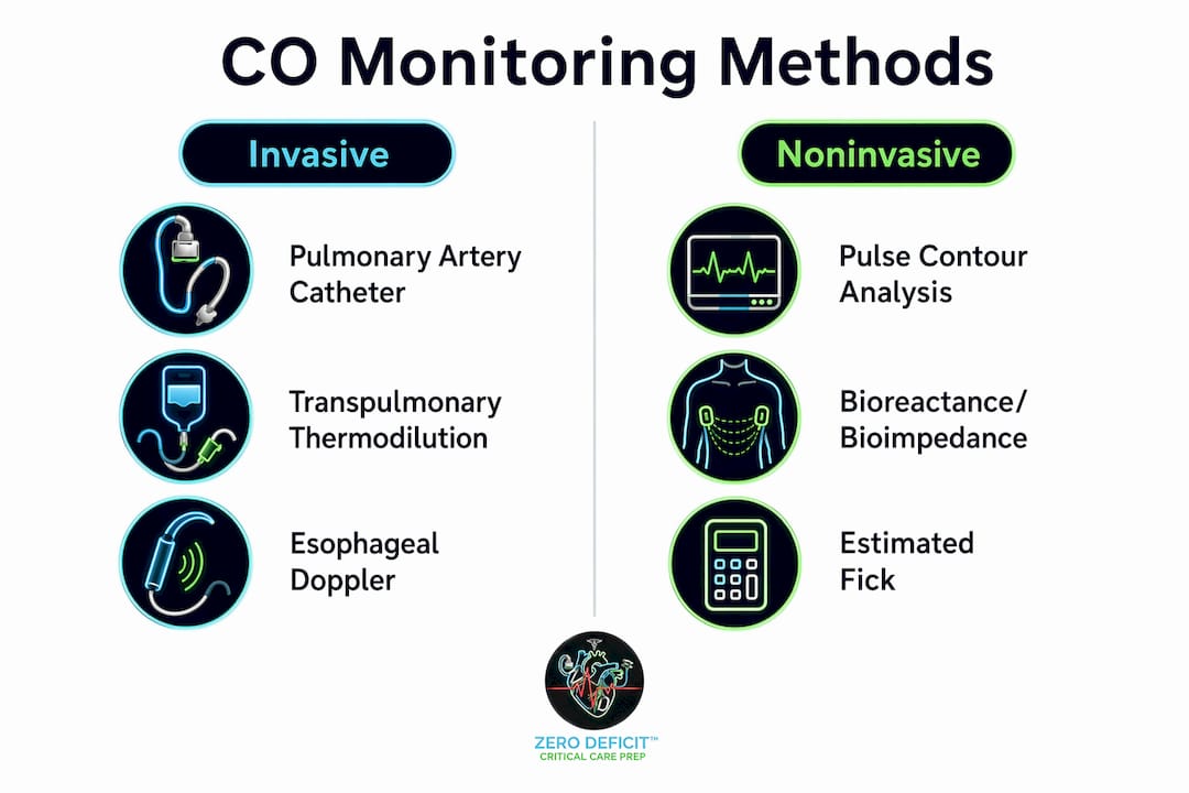 Infographic comparing invasive and noninvasive cardiac output methods