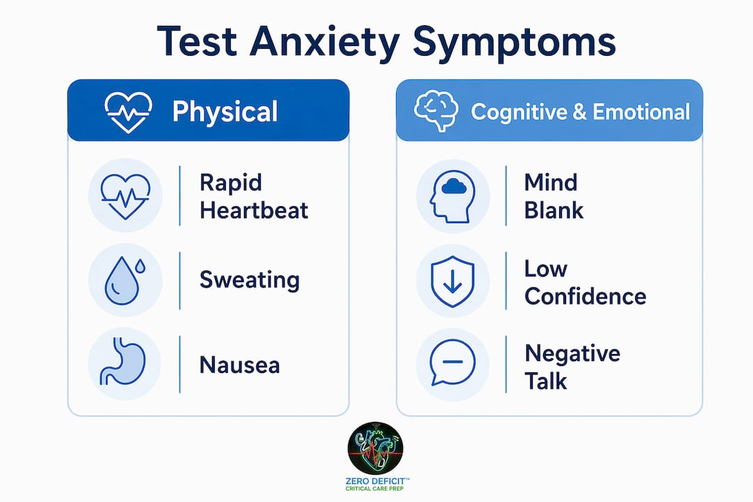 Infographic showing physical and cognitive-emotional test anxiety symptoms
