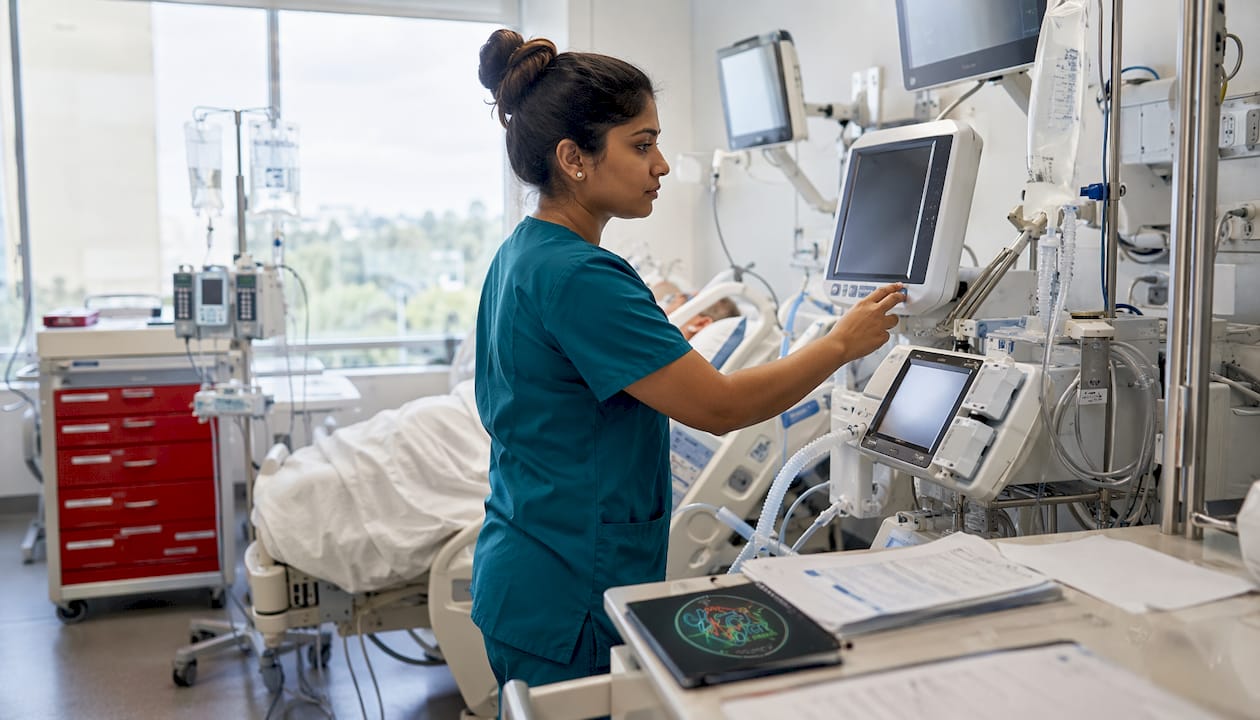 Nurse reviewing hemodynamic monitor in ICU