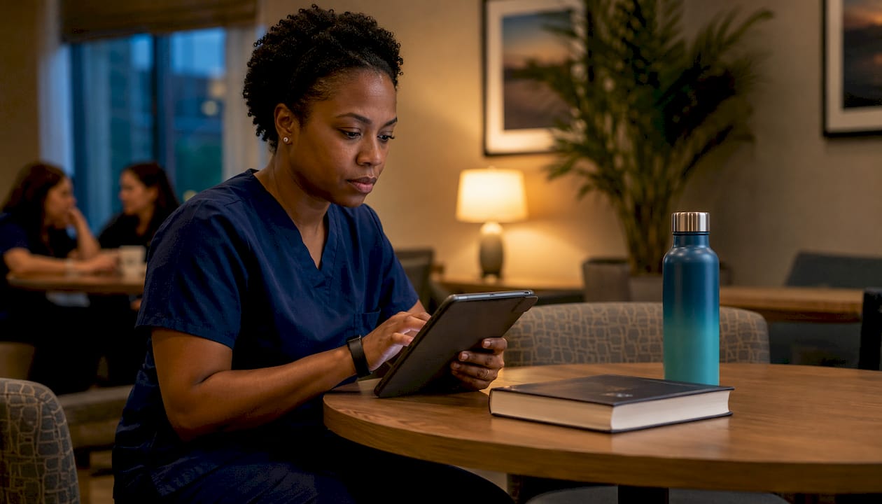 ICU nurse studying CCRN prep questions on tablet