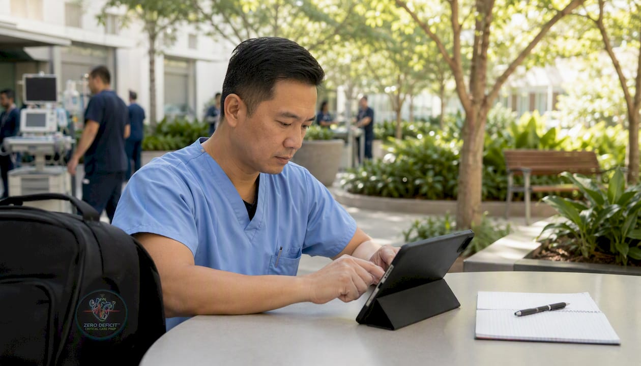 Nurse reviewing CCRN simulation questions tablet