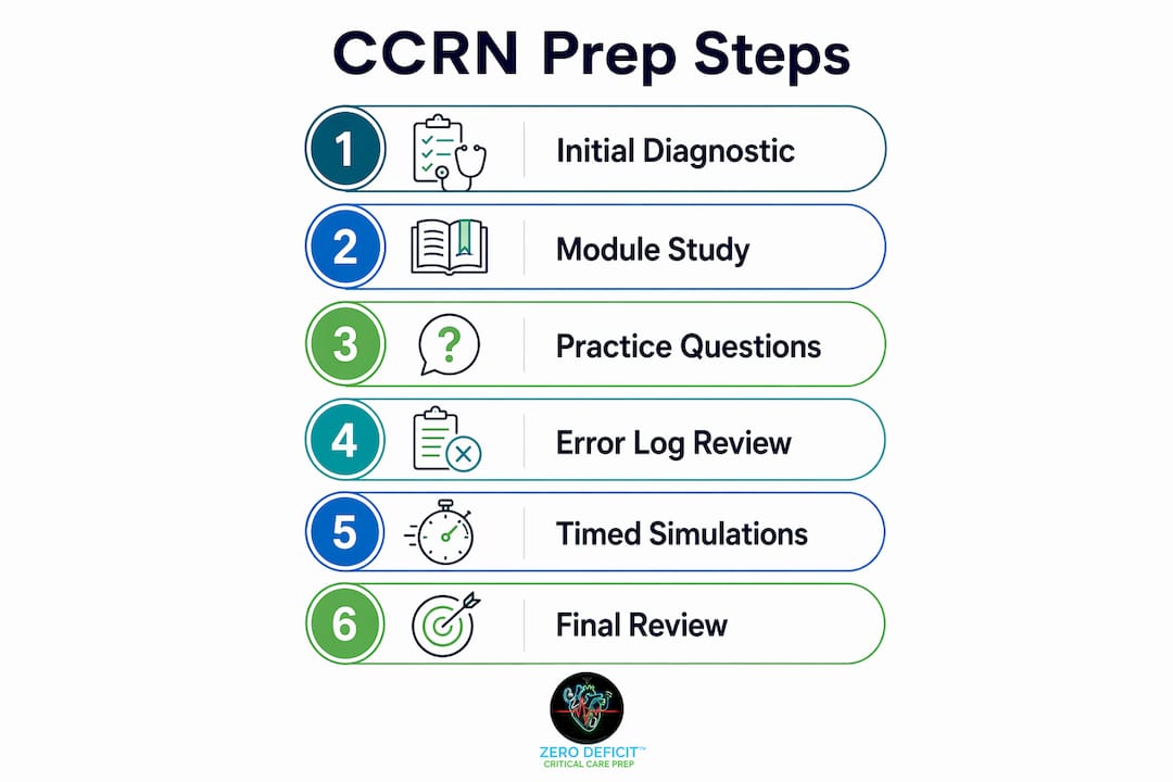Infographic showing six key CCRN prep study steps