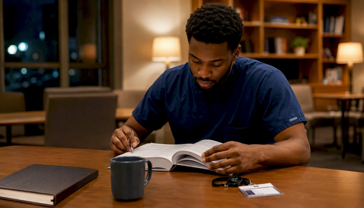 Night shift nurse studying CCRN in break room