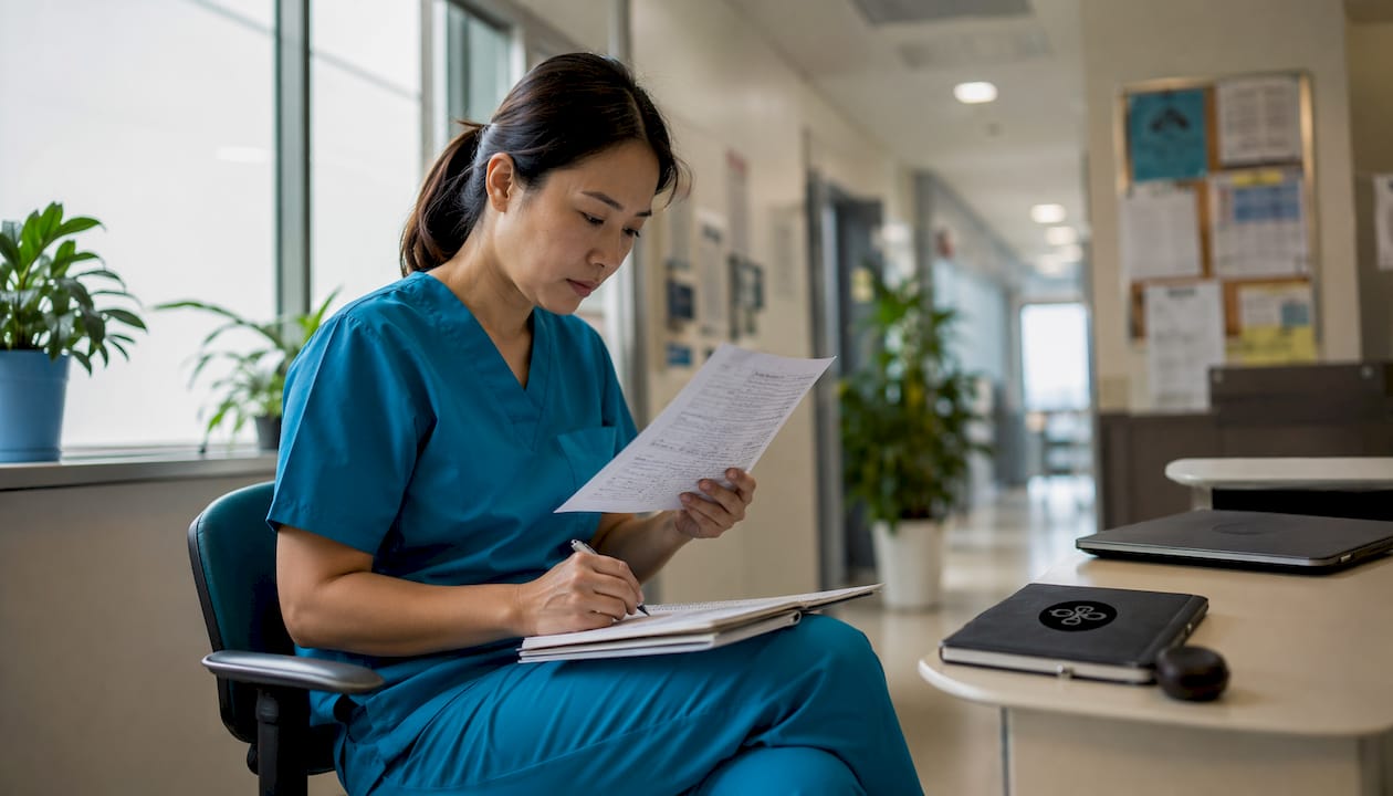 ICU nurse reviewing CCRN study notes