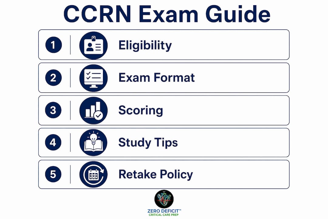 Infographic showing CCRN exam key steps and facts