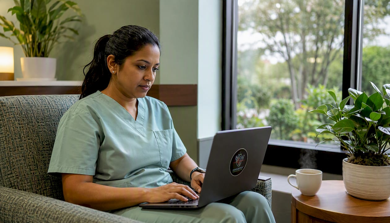 ICU nurse charting at workstation in clinical setting