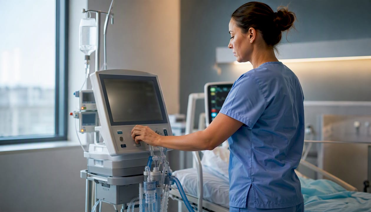Nurse adjusting ventilator in ICU