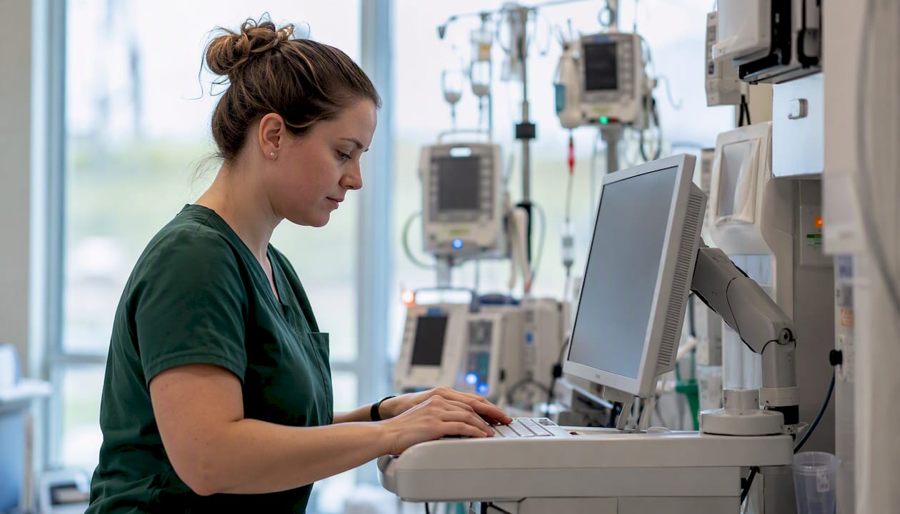 Nurse charting study plan in ICU room