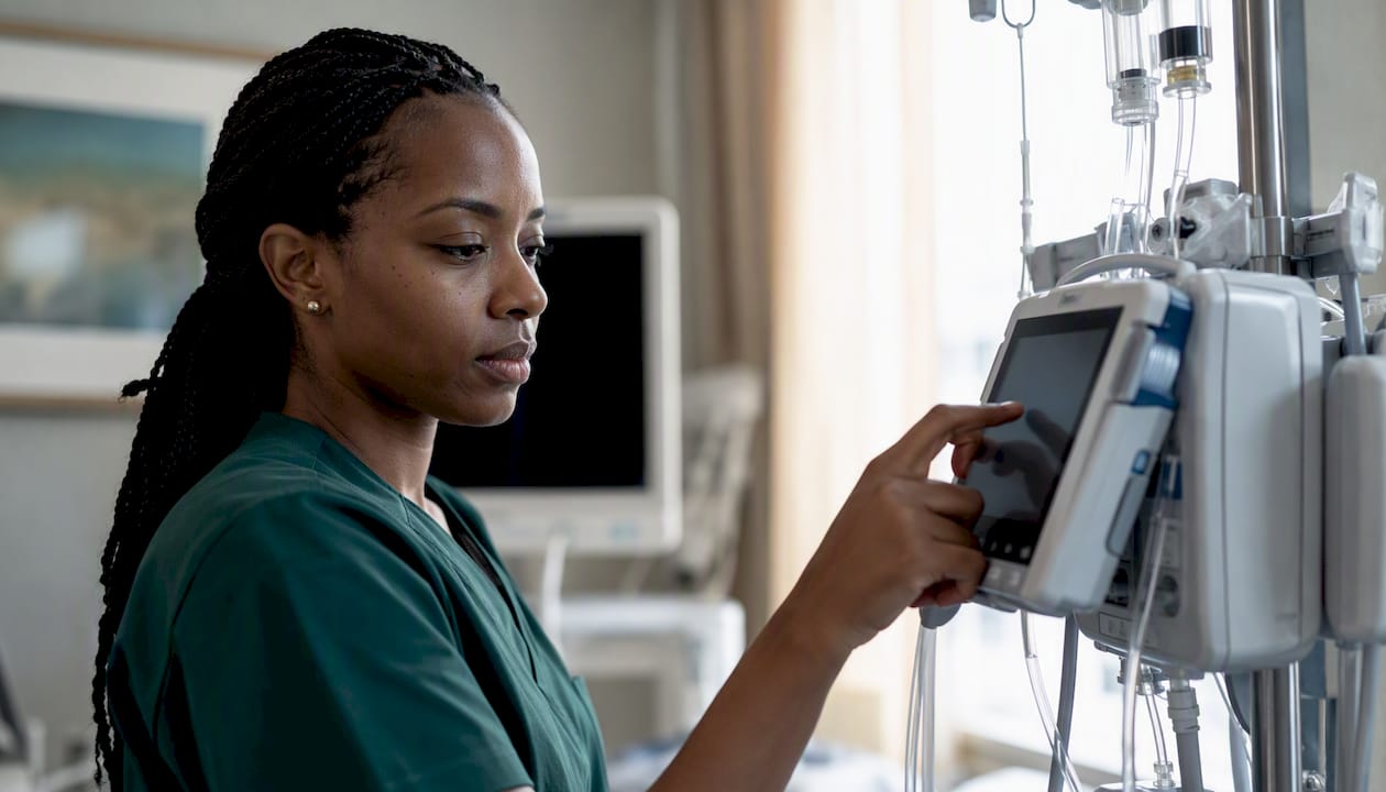 Nurse adjusting infusion pump in ICU