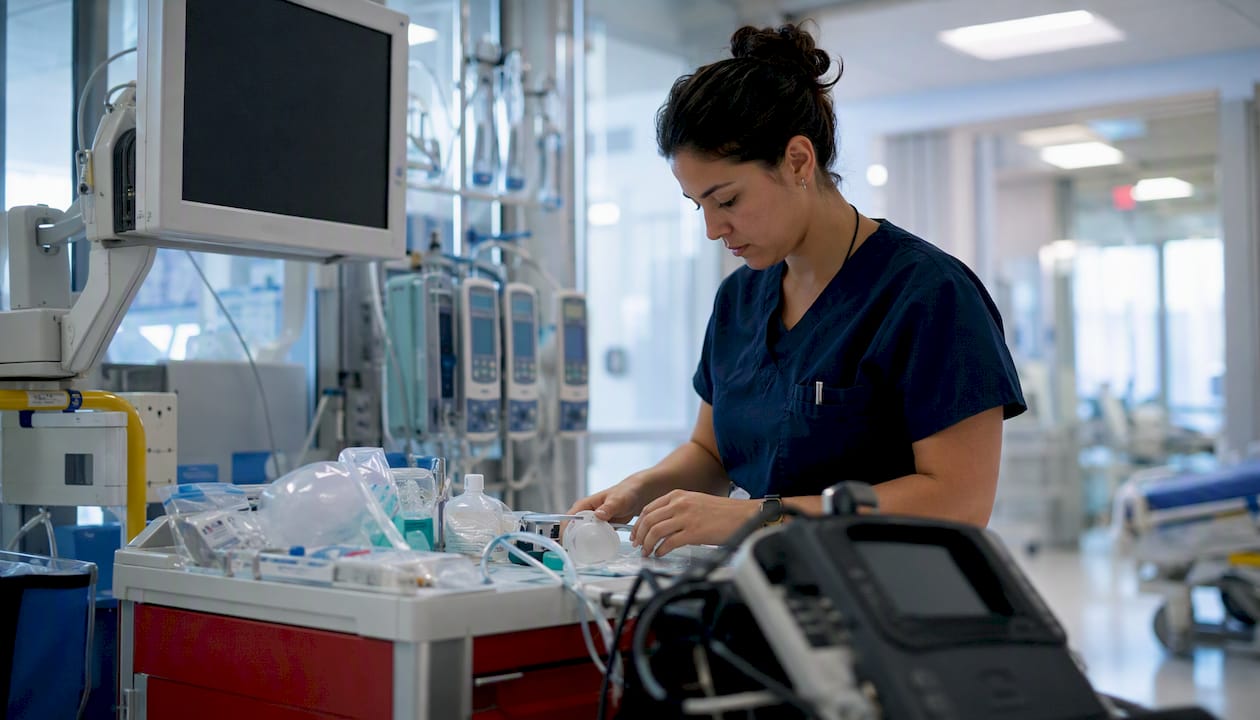ICU nurse preparing ACLS equipment on code cart