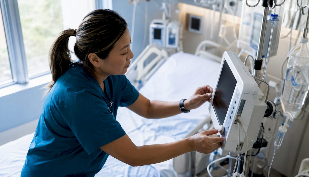 ICU nurse adjusting cardiac monitor at bedside