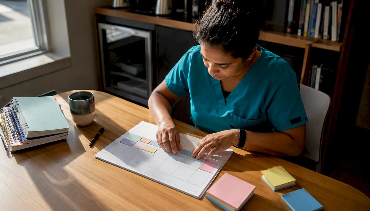 Nurse hands arranging weekly study planner