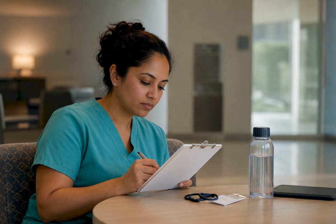 Nurse studying 8-week plan in ICU break room