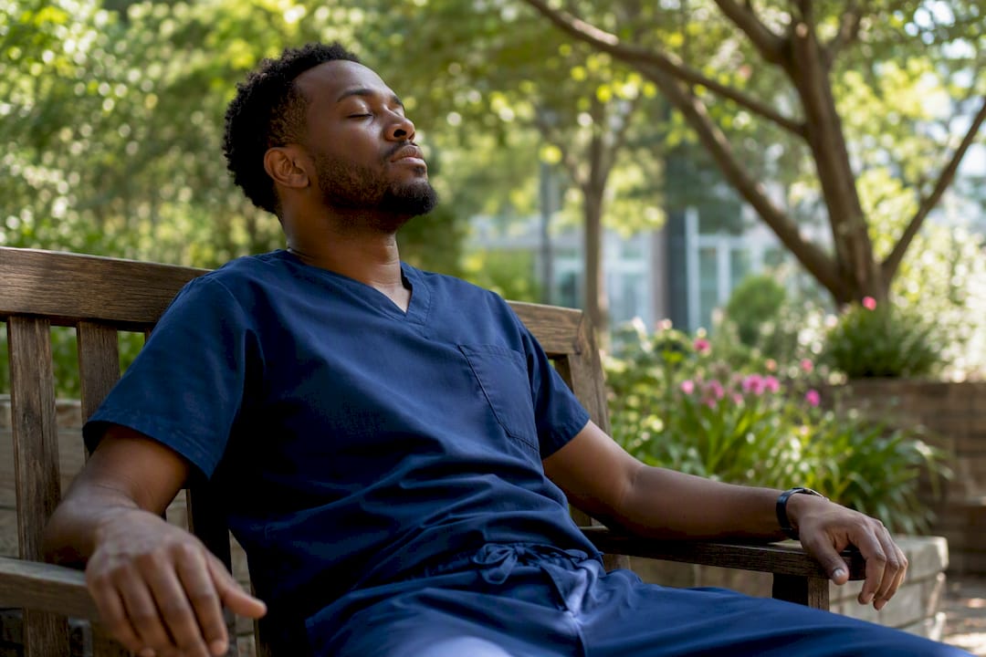 Nurse practicing breathing exercise outside ICU