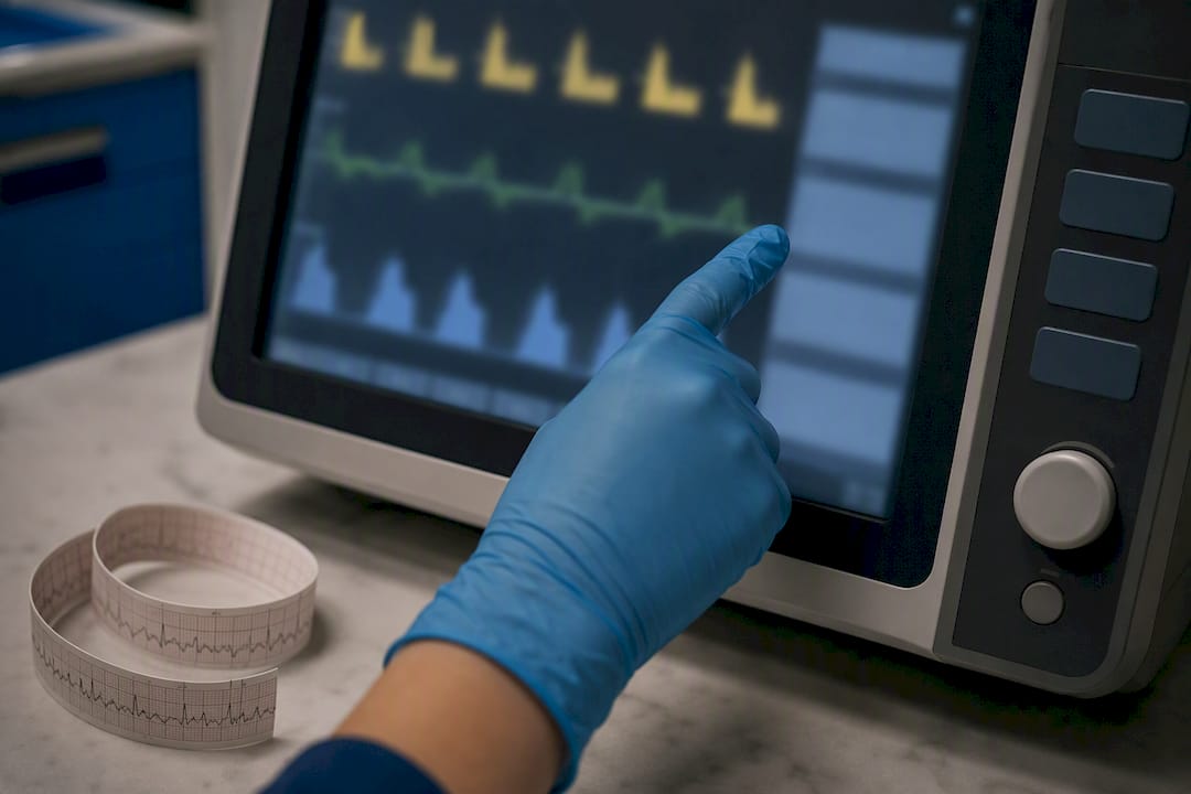 Nurse reviewing ventilator waveform traces