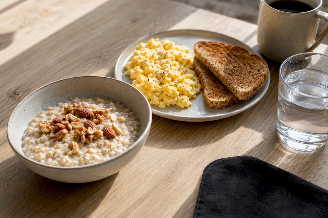 Protein-rich breakfast with oatmeal and toast