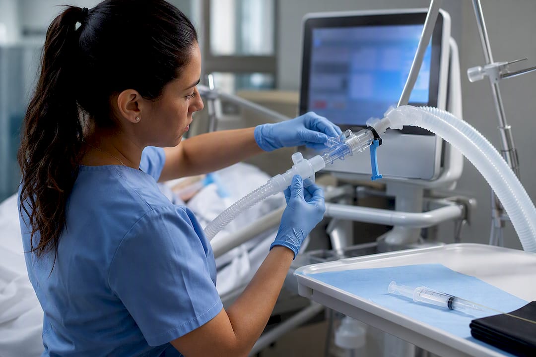 Nurse assessing ICU ventilator alarm circuit