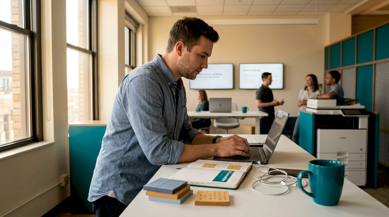 Recruiter performing manual data entry in office
