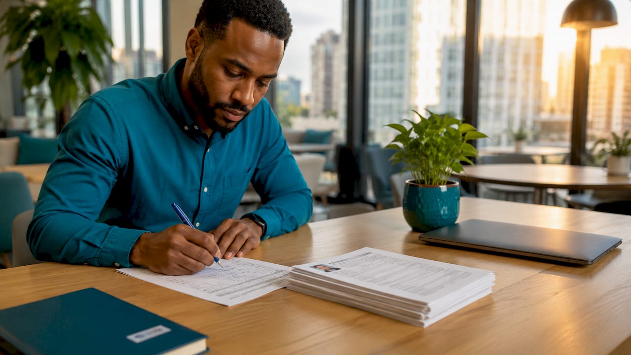 Recruiter writing on hiring evaluation scorecard