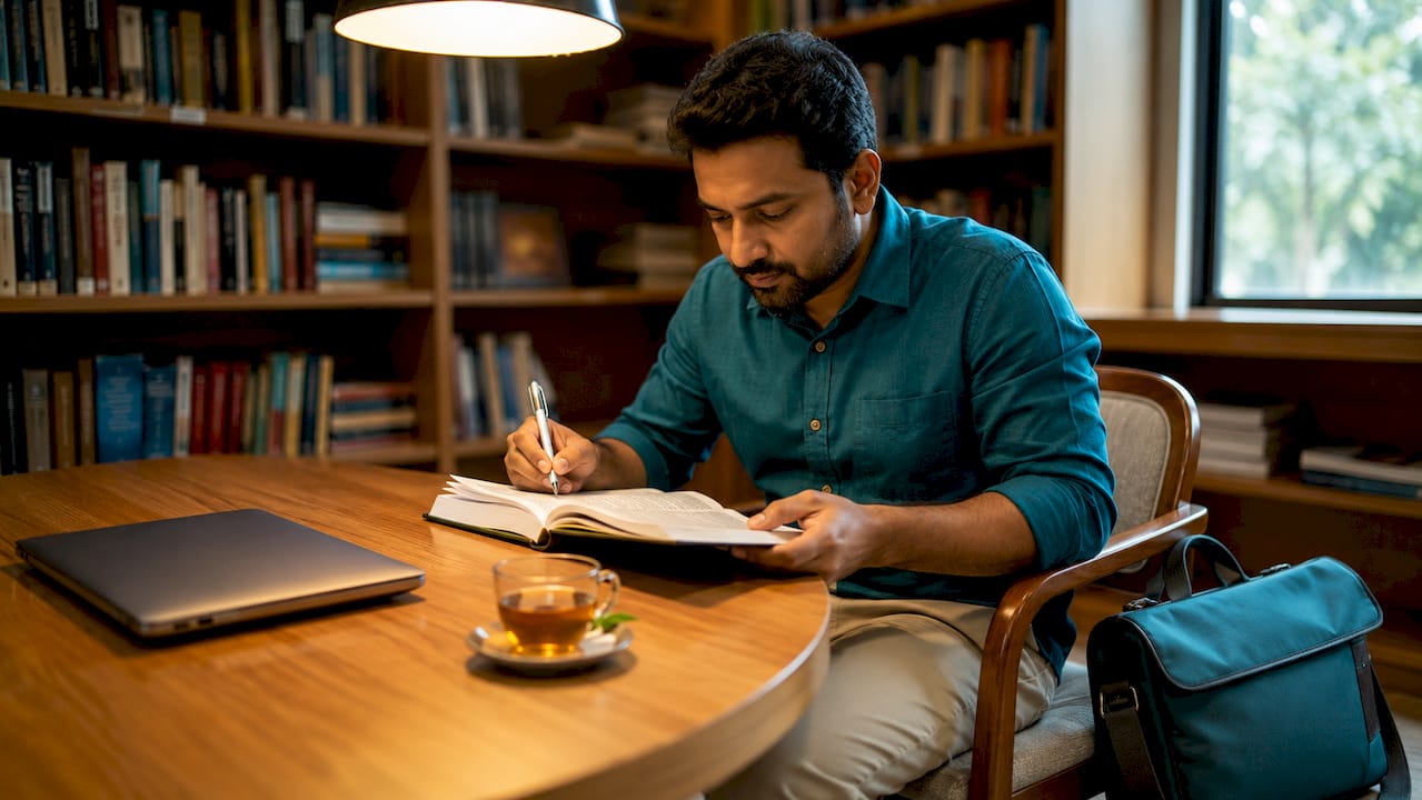 Job candidate preparing for interview in café