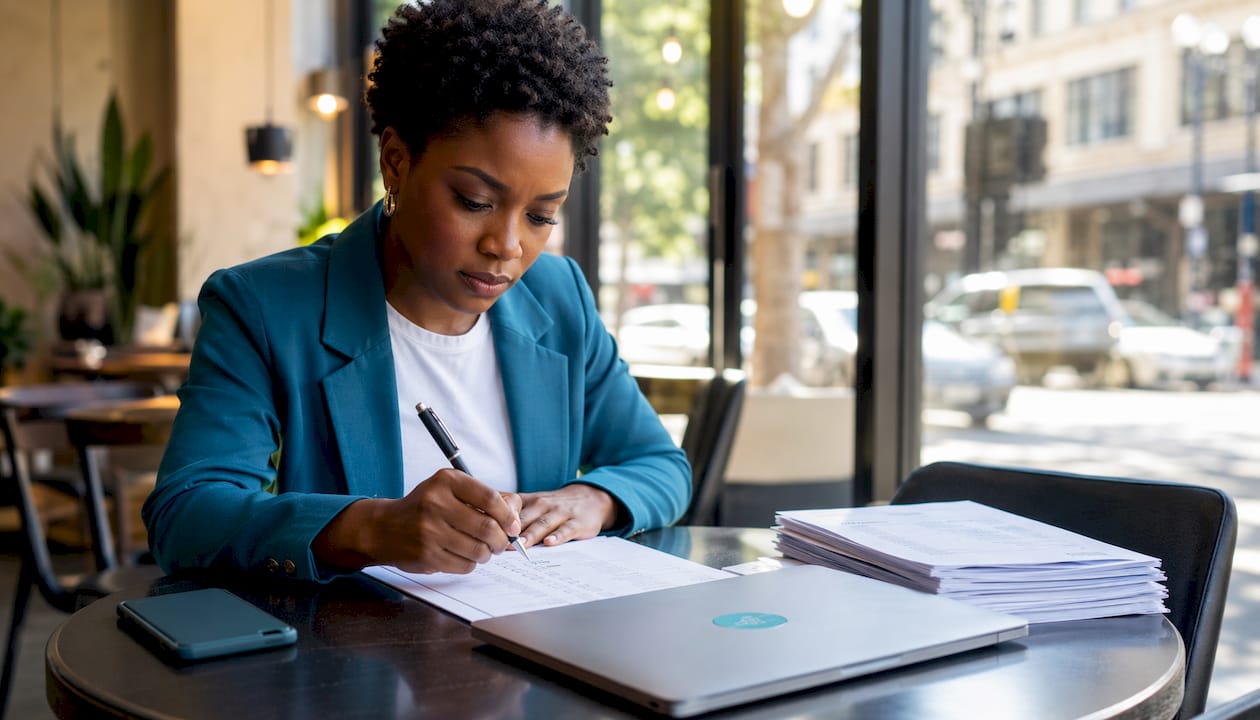 Recruiter screening candidate resumes at desk