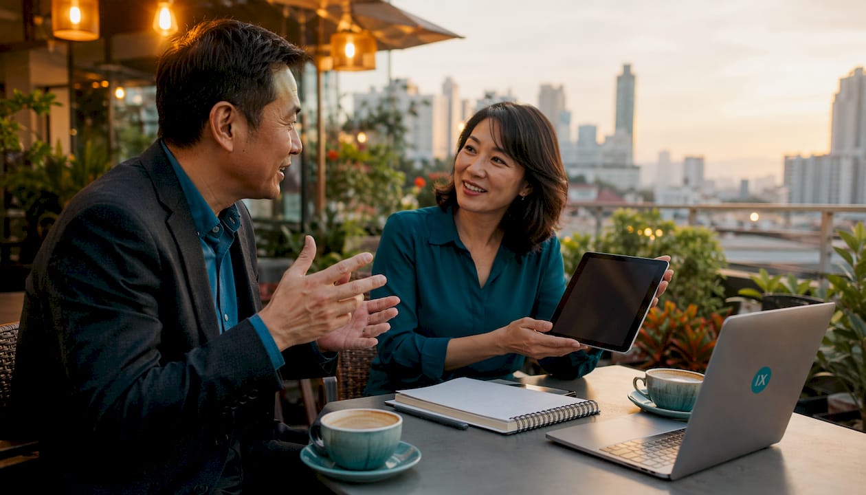 Two professionals discussing on rooftop patio
