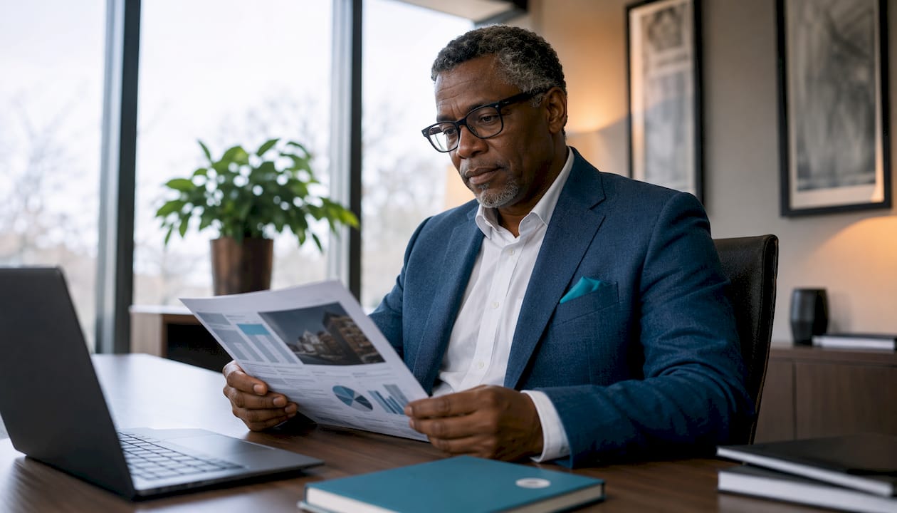 Man reading tech investment newsletter in library