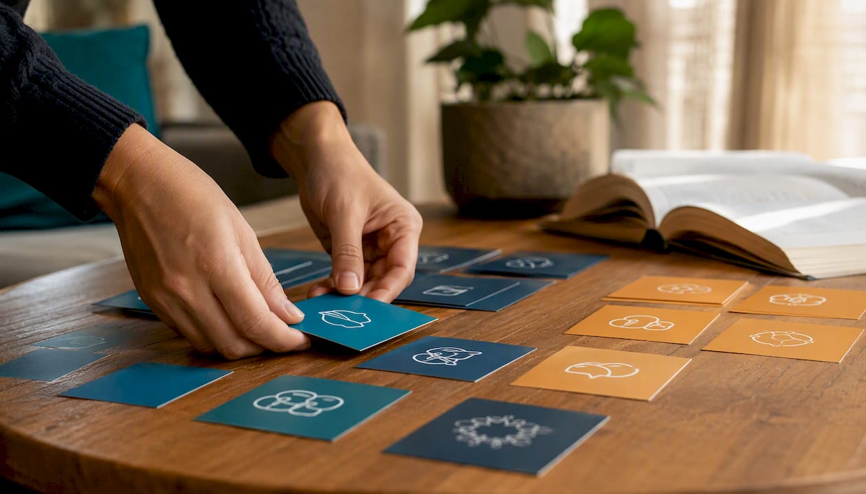 Hands sorting colored skill cards on desk