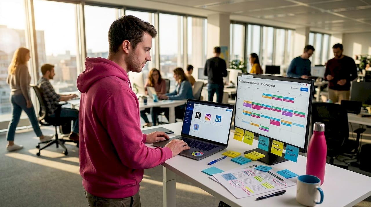 Coordinator organizing social dashboard at desk