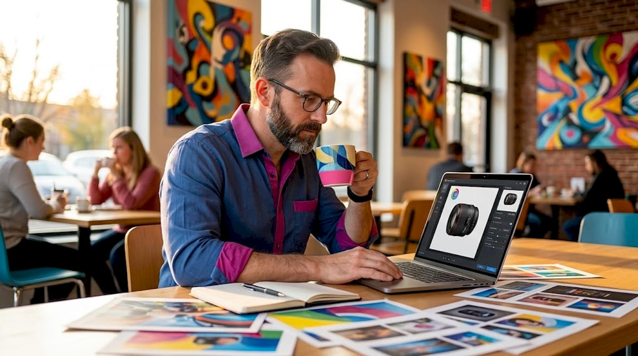 Man adjusts AI upscaling on studio laptop