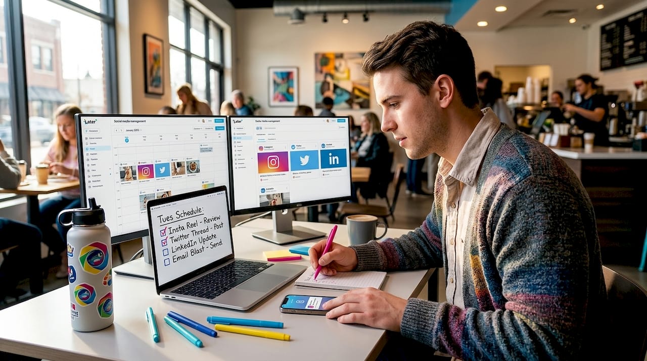 Social media coordinator checks scheduled posting workflow