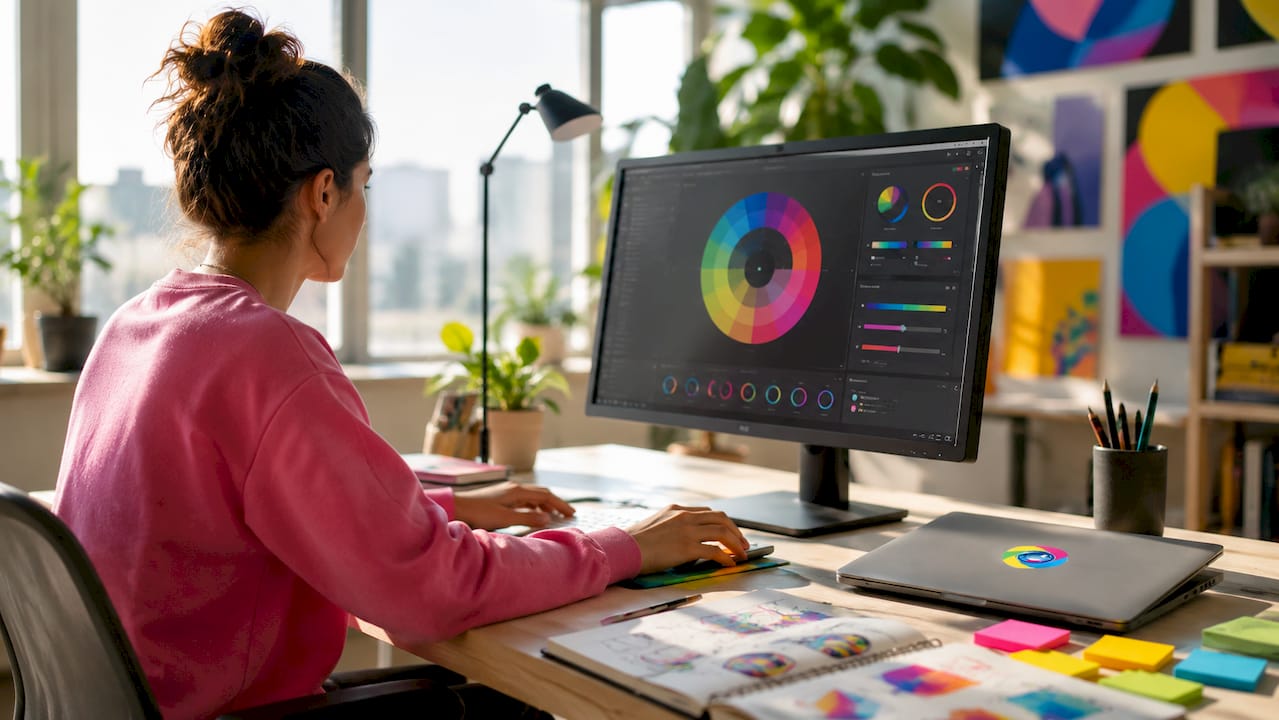 Hands adjusting monitor for AI variation workflow