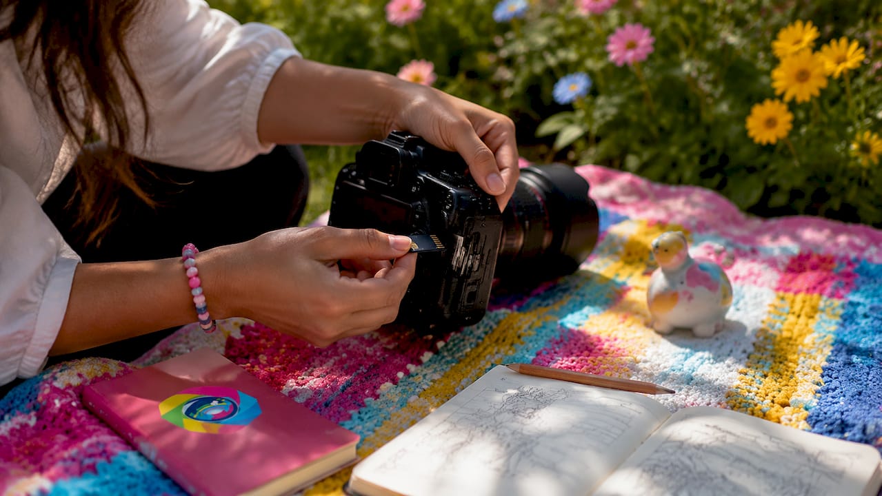 Hands inserting memory card into DSLR camera