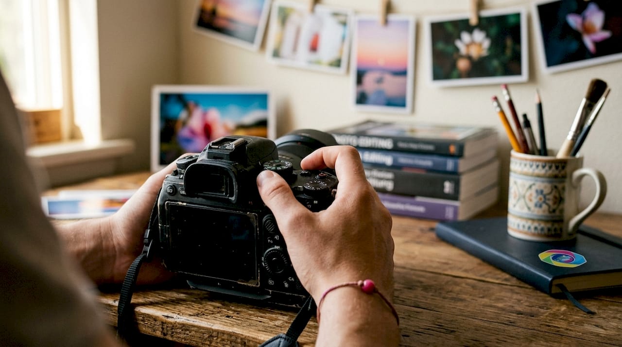 Hands removing metadata from camera photos