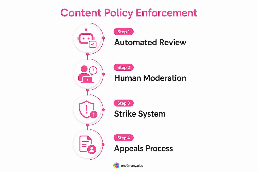 Infographic illustrating platform content policy enforcement steps