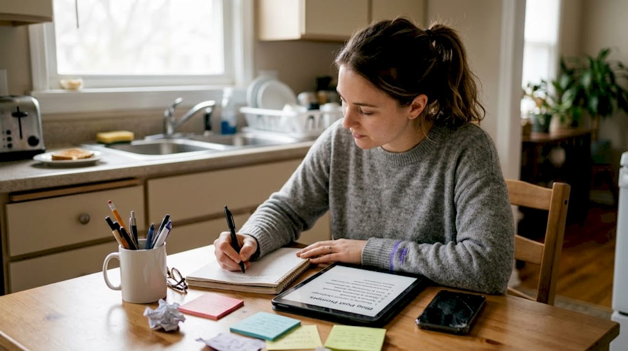 Woman planning AI anime chat at kitchen table