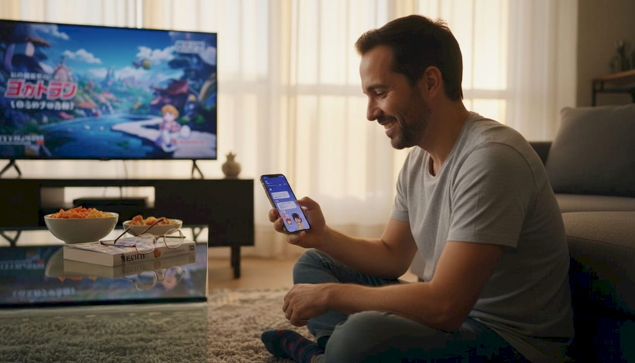 Man texting AI characters in cozy living room