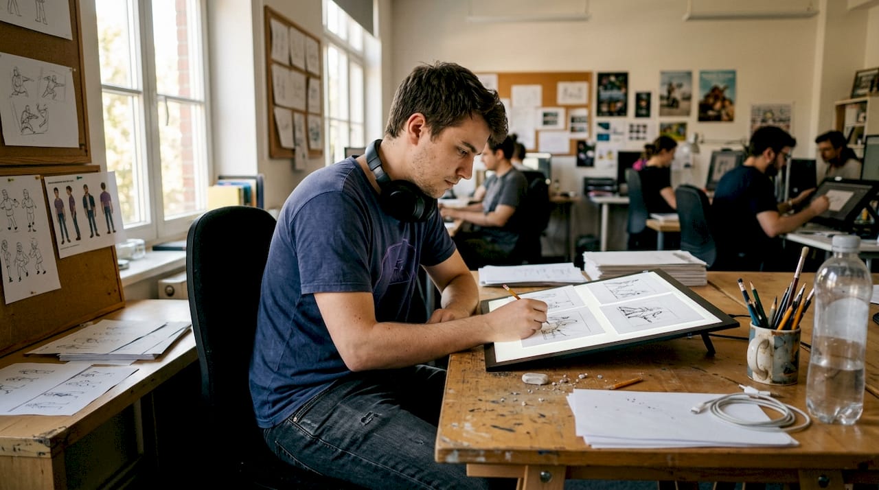 Animator refining action scene drawings