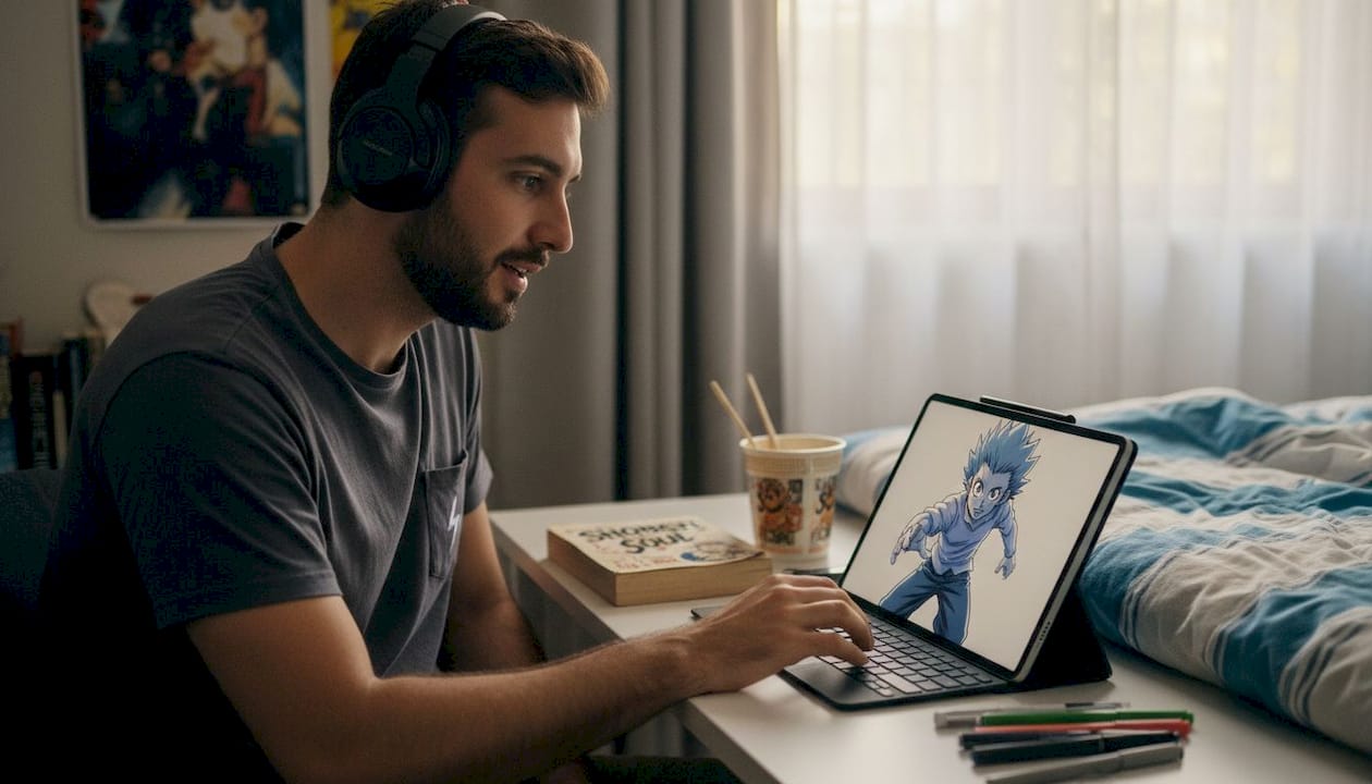 Anime fan roleplaying with AI chat in bedroom