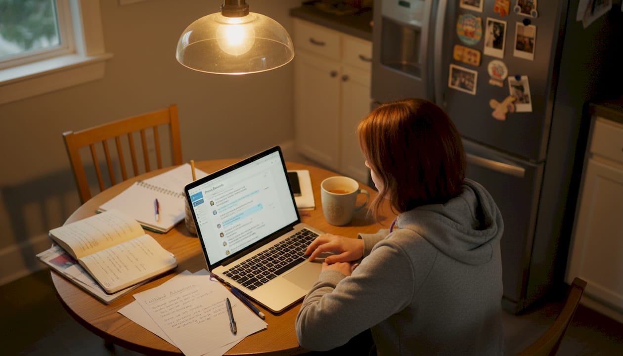 Person organizing AI chat memory notes at kitchen table