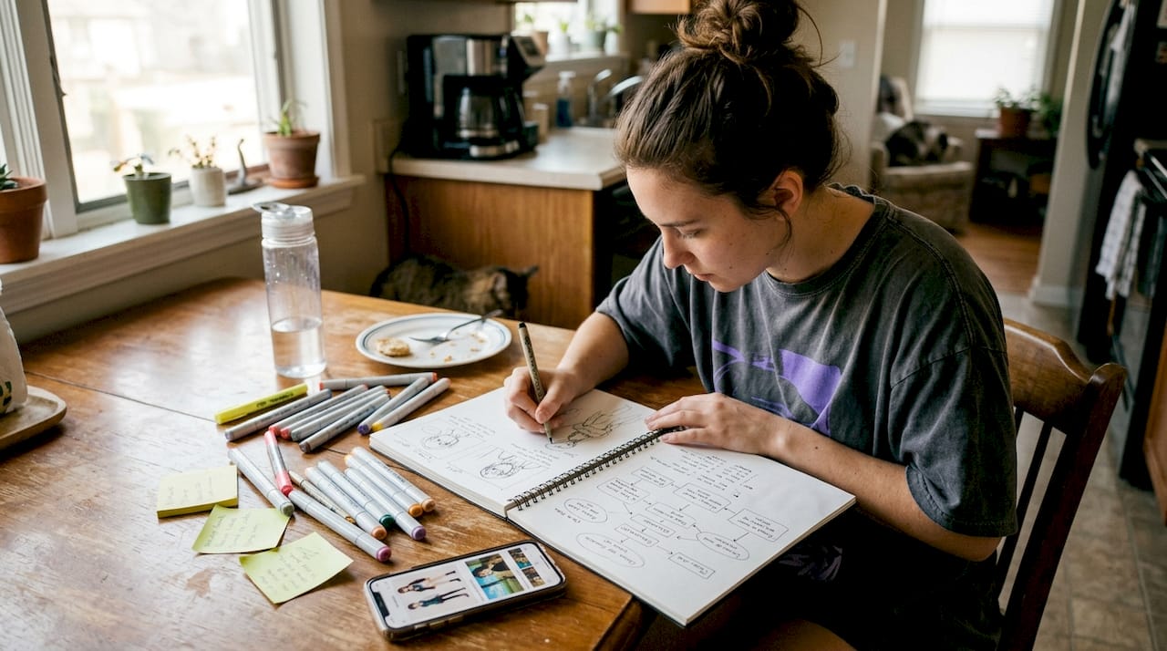 Scriptwriter storyboarding anime character arc